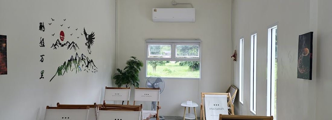 Interior of a modern and calm yoga studio with minimalist design.